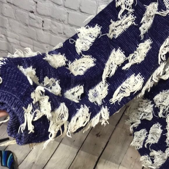 Funky Vintage Fringe Patch V- Neck Sweater Unique BoHo Fringe - Picture 4 of 8